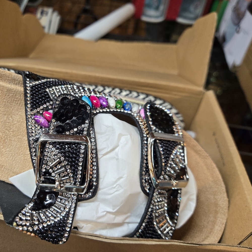 Embellished Black Crystal Slide Sandal with Multicolor Accents